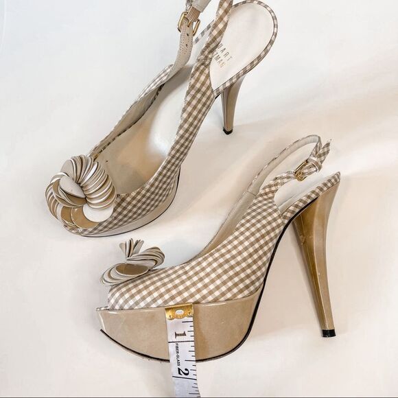 Stuart Weitzman Tan Gingham Platform Pumps Size 9 - Picture 11 of 12